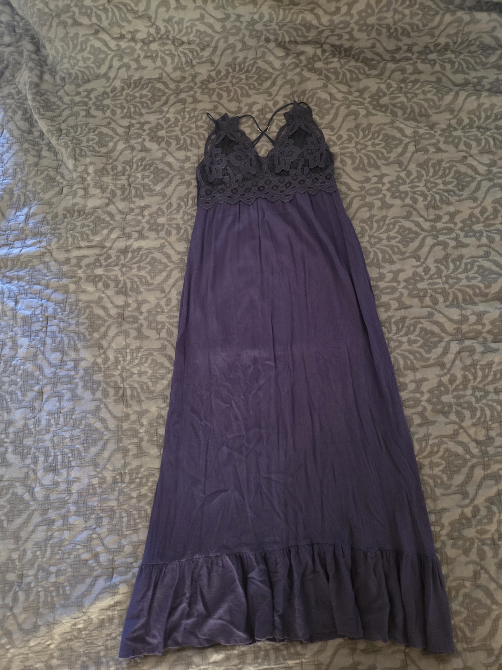 Lace-Trim Blue Maxi Dress with Flowy Skirt - Picture 2 of 8
